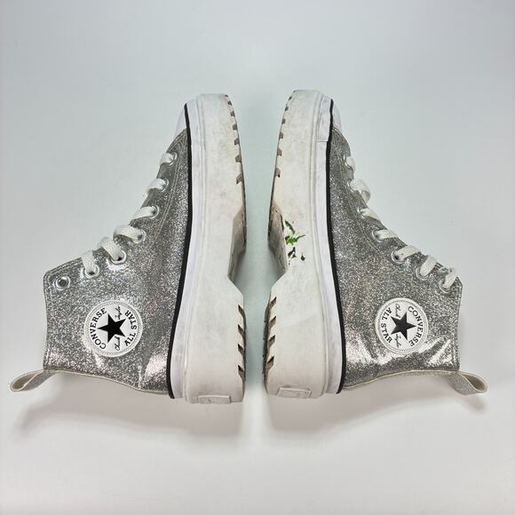 Converse Chuck Taylor Silver Glitter Platform High Top Sneaker Youth Size 2 - Picture 7 of 10